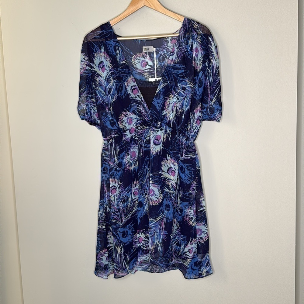 Threeeightytwo Nordstrom Peacock Print Sheer Mini Dress Navy Slip sz Medium NWT